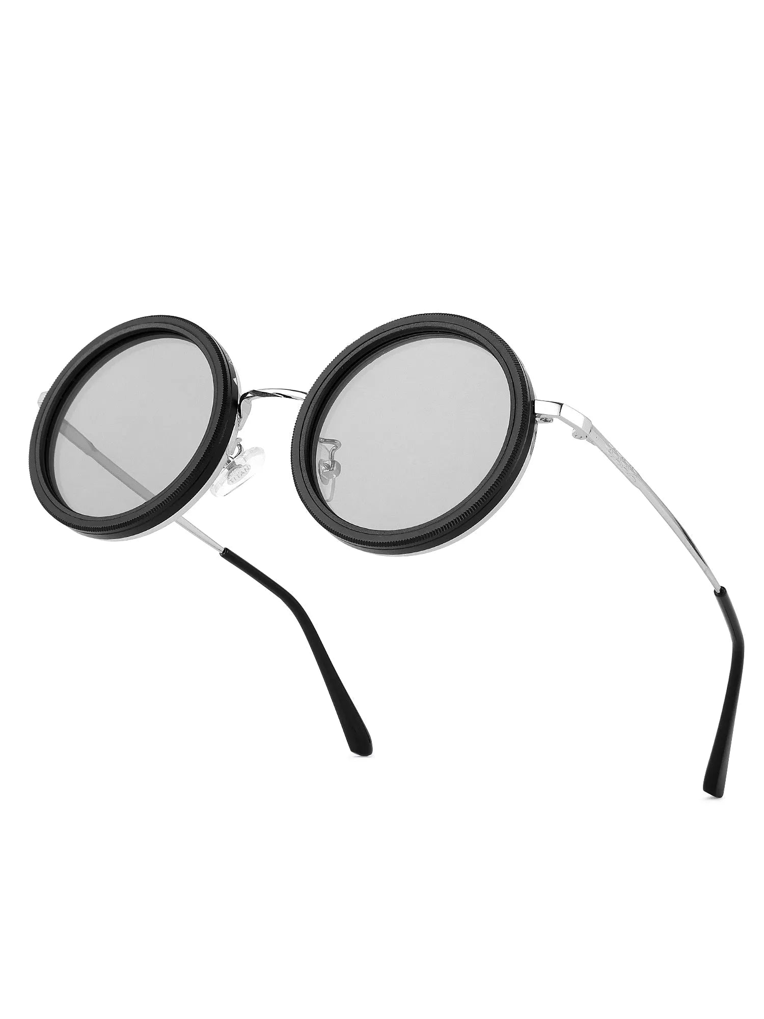 APERTURE SB | Silver & Black Large Full Rim Round Sunglasses for Men & Women [Tint Adjustable]