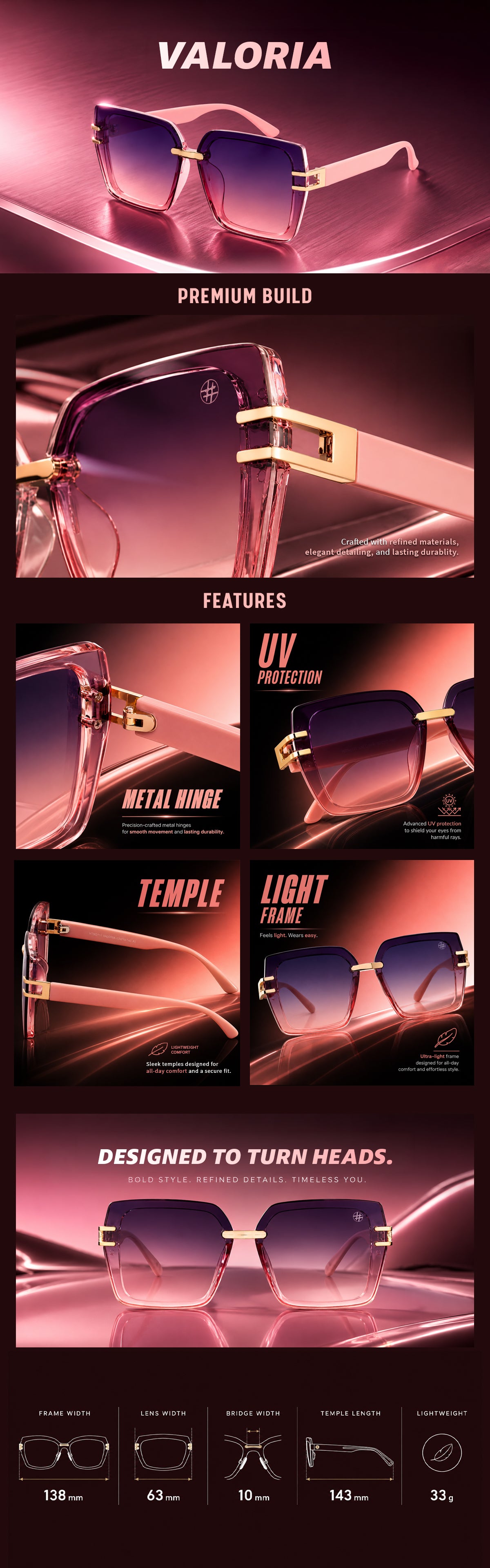 Valoria | Pink Large Full Rim Square Sunglasses for Women [UV-protected]
