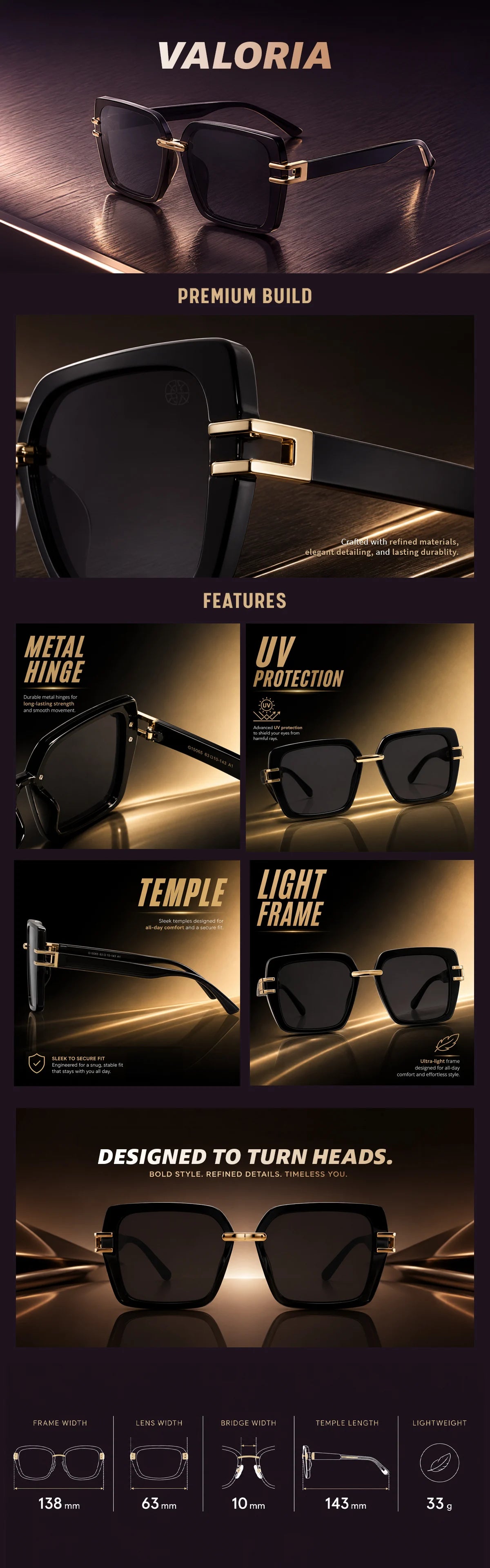 Valoria | Black Large Full Rim Square Sunglasses for Women [UV-protected]