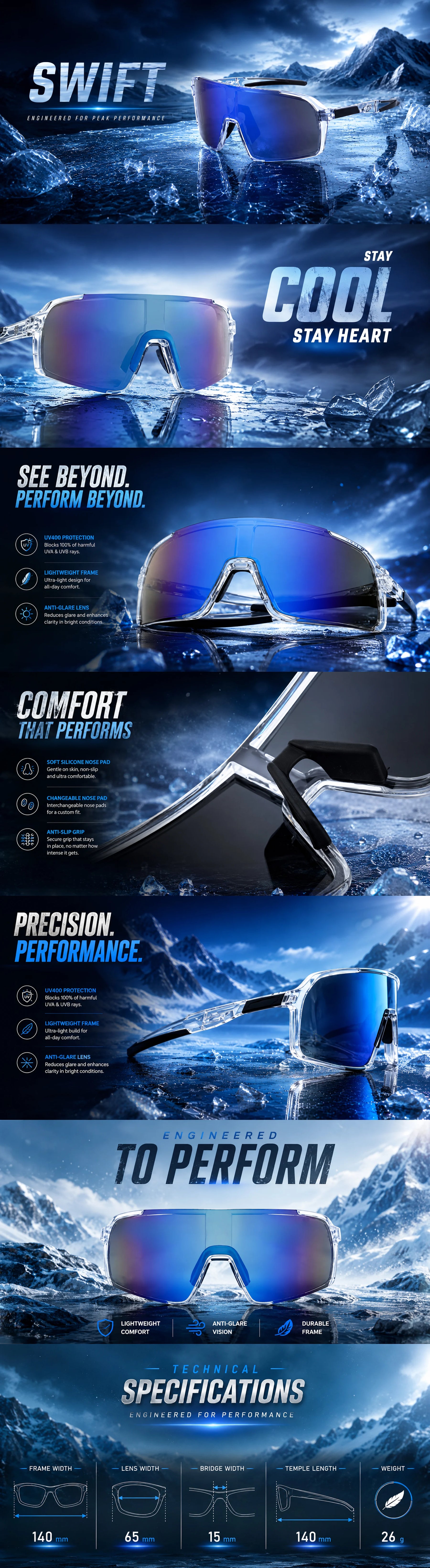 Swift | Transparent Large Full Rim Visor Sports Sunglasses for Men & Women [Mirrored]