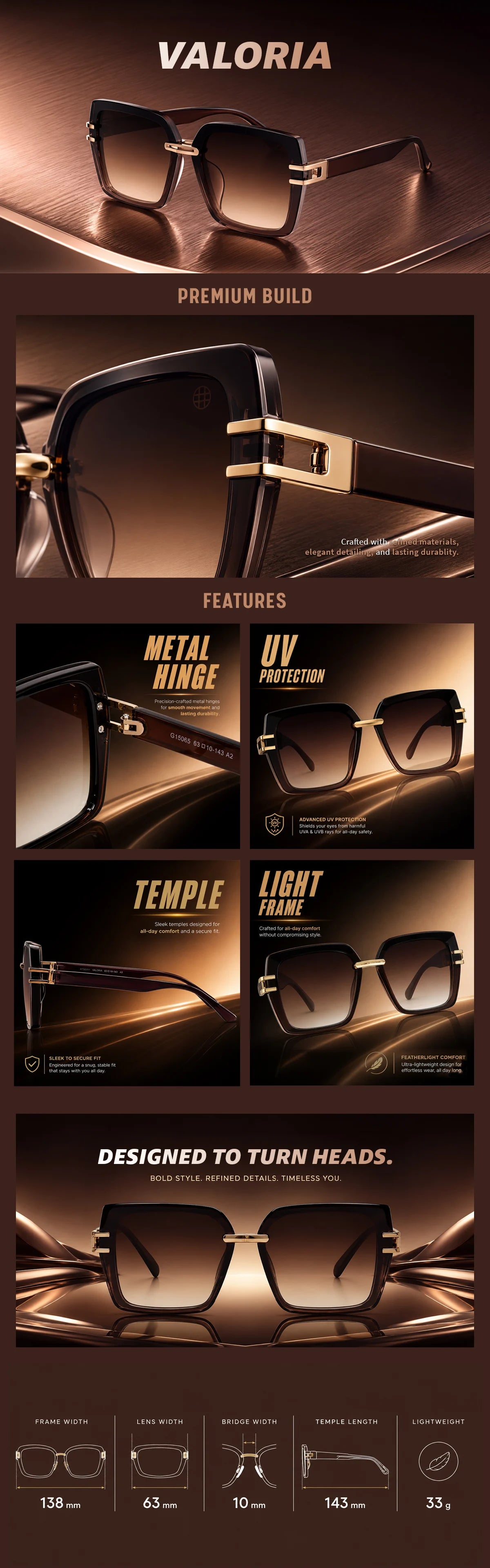 Valoria | Brown Large Full Rim Square Sunglasses for Women [UV-protected]