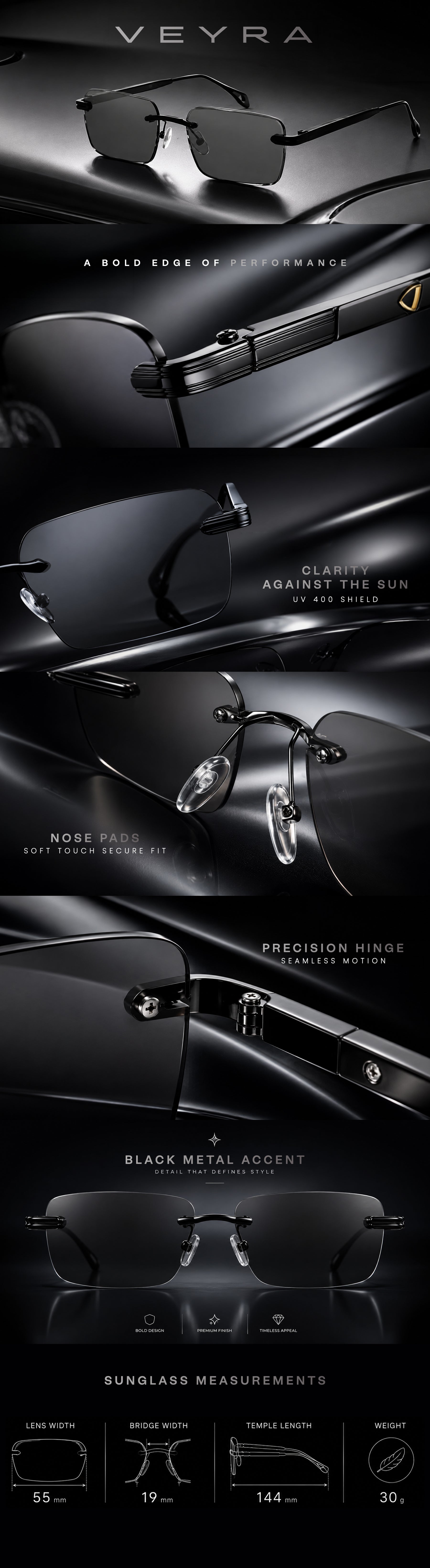 Veyra | Black Medium Rim Less Rectangle Sunglasses for Men [UV-protected]