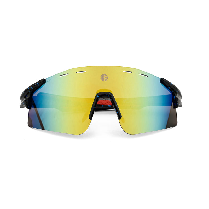 Auryon | Dotted Blue & Black & Red Large Rim Less Shield Sports Sunglasses for Men & Women [UV-protected]