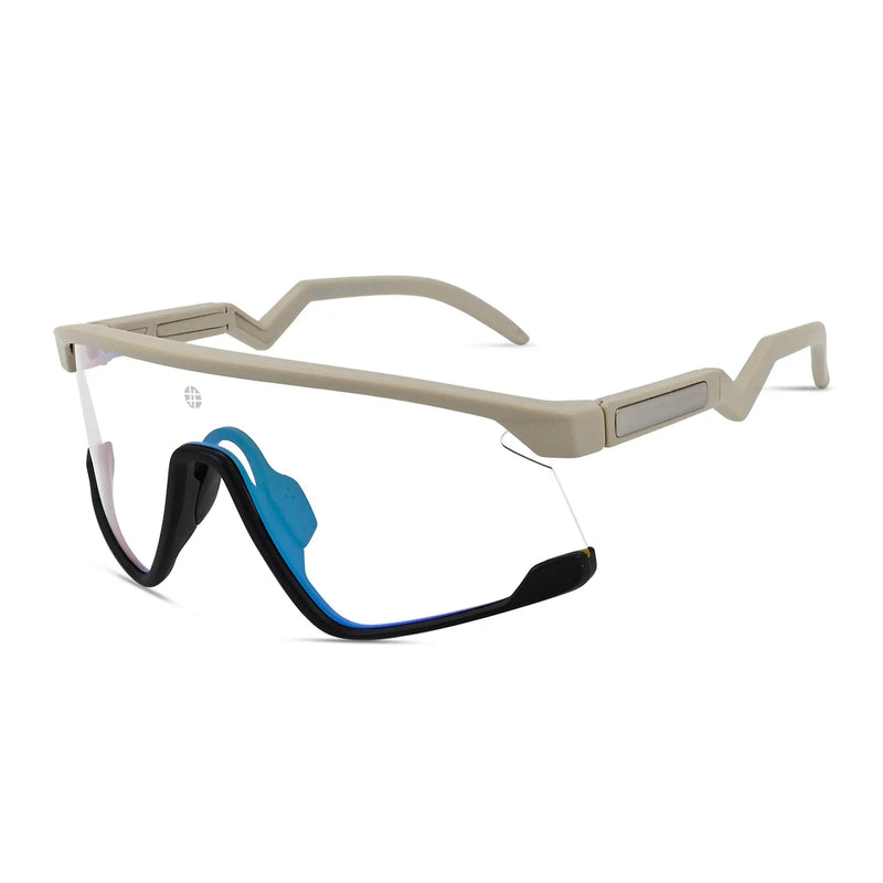 Pulse | Cream & Black Large Half Rim Shield Sports Sunglasses for Men & Women [MIRRORED]