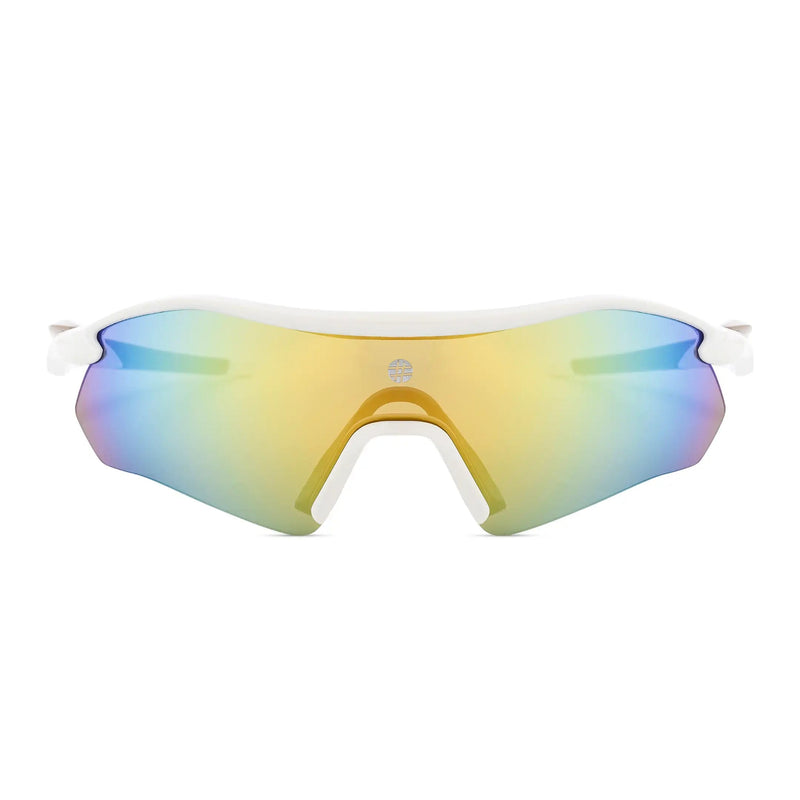 Falcon | White Large Half Rim Shield Sports Sunglasses for Men & Women [Mirrored]