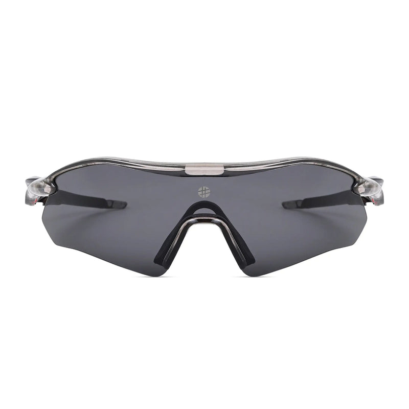 Falcon | Transparent Grey Large Half Rim Shield Sports Sunglasses for Men & Women [Mirrored]