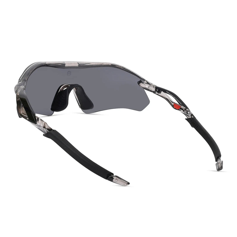 Falcon | Transparent Grey Large Half Rim Shield Sports Sunglasses for Men & Women [Mirrored]