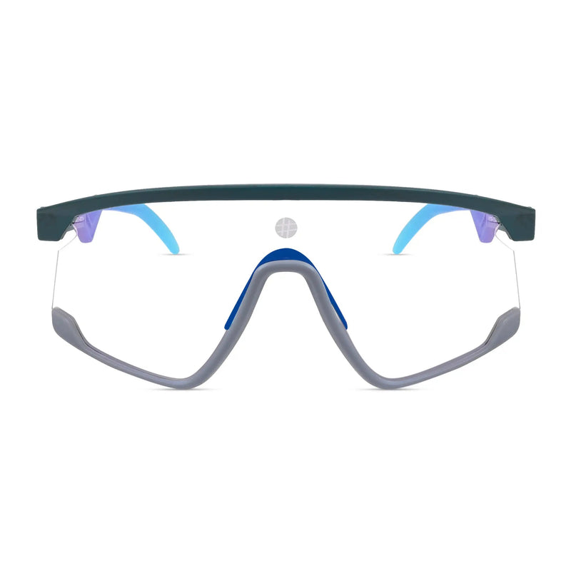 Pulse | Mate Green & Grey Large Half Rim Shield Sports Sunglasses for Men & Women [MIRRORED]