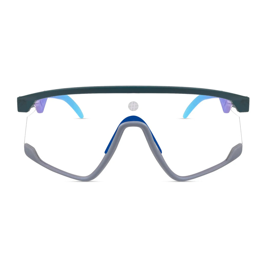 Pulse | Mate Green & Grey Large Half Rim Shield Sports Sunglasses for Men & Women [MIRRORED]