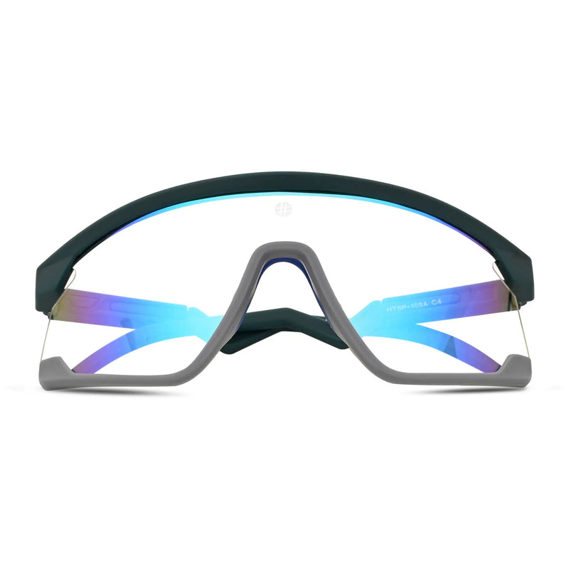Pulse | Mate Green & Grey Large Half Rim Shield Sports Sunglasses for Men & Women [MIRRORED]
