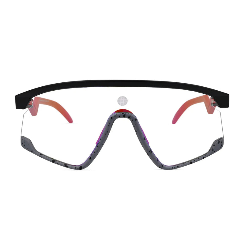 Pulse | Black-Grey Texture Large Half Rim Shield Sports Sunglasses for Men & Women [MIRRORED]