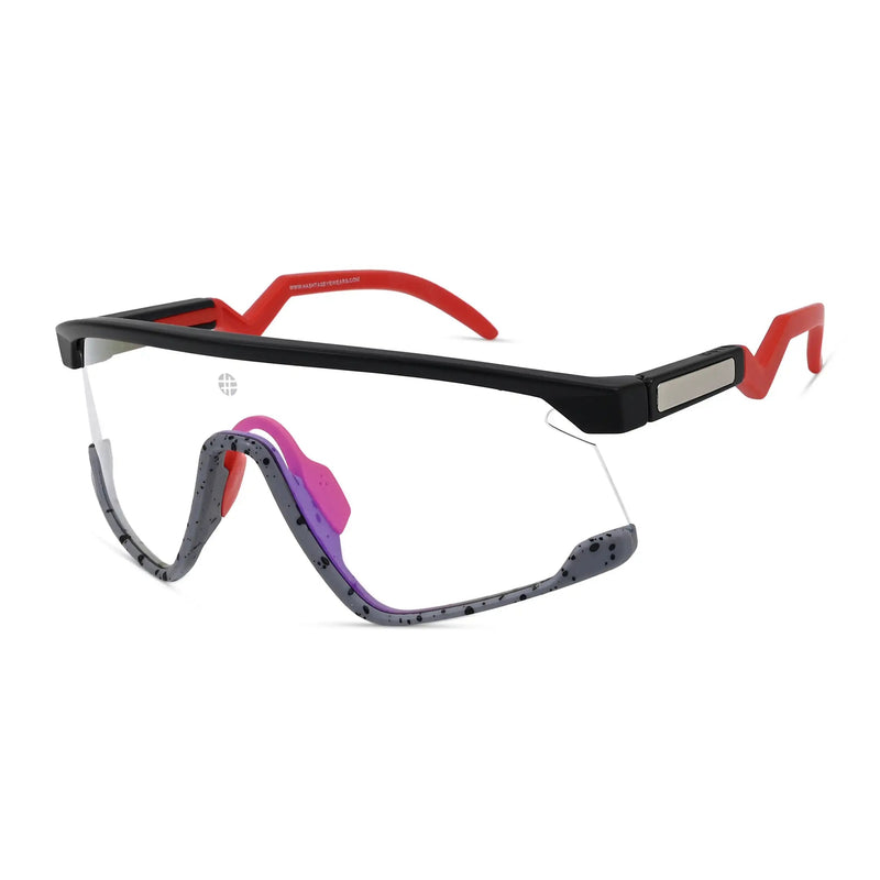 Pulse | Black-Grey Texture Large Half Rim Shield Sports Sunglasses for Men & Women [MIRRORED]