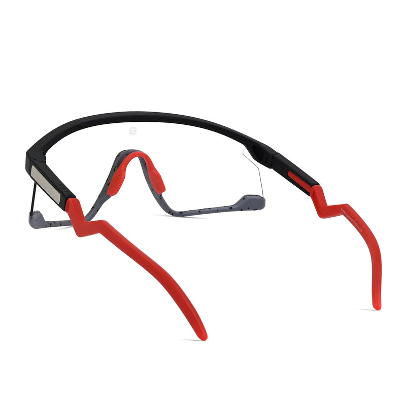 Pulse | Black-Grey Texture Large Half Rim Shield Sports Sunglasses for Men & Women [MIRRORED]