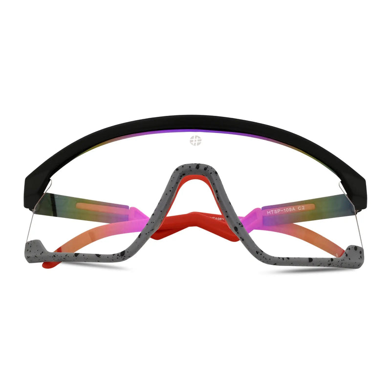Pulse | Black-Grey Texture Large Half Rim Shield Sports Sunglasses for Men & Women [MIRRORED]