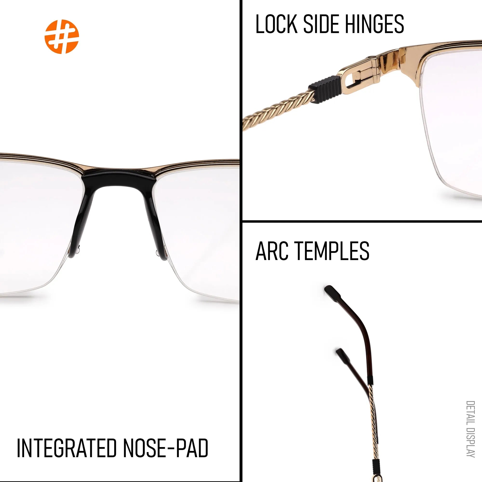 Ray-II | Golden Medium Half Rim Square Eyeglasses for Men & Women [Demo Lens]