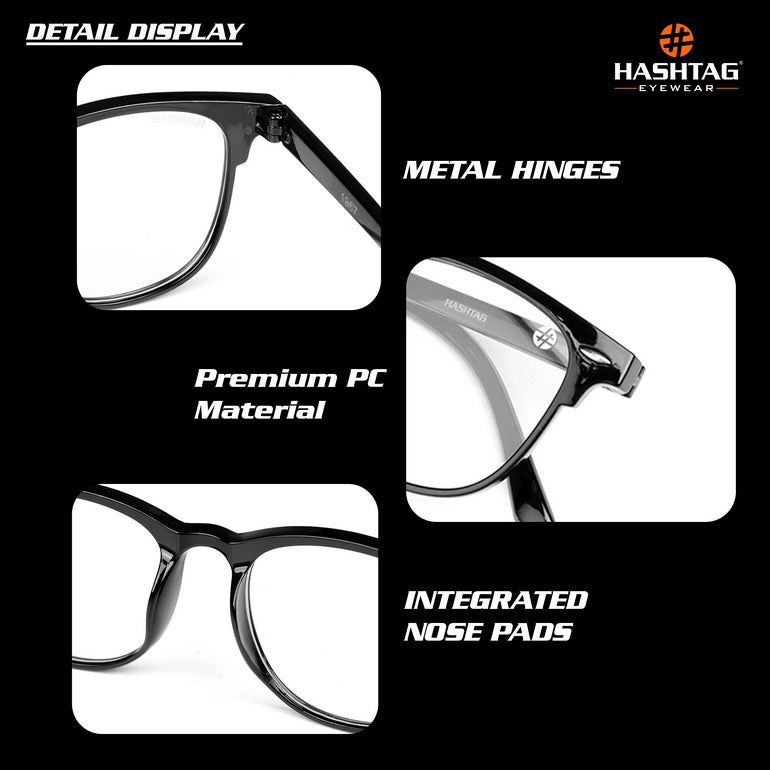 HASHTAG Blue Block Wayfarer Polycarbonate Transparent Eyeglasses for Men and Women -AB13-1957-Black