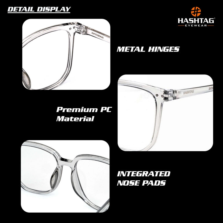 HASHTAG Blue Block Wayfarer Polycarbonate Transparent Eyeglasses for Men and Women -AB13-1962-Grey