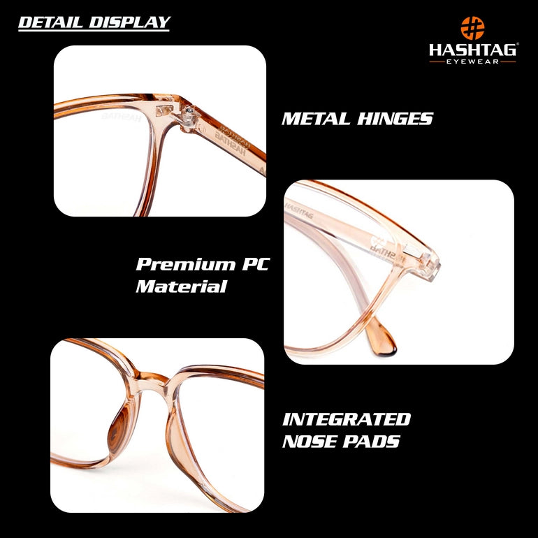 HASHTAG Blue Block Wayfarer Polycarbonate Transparent Eyeglasses for Men and Women -AB13-A08-Brown