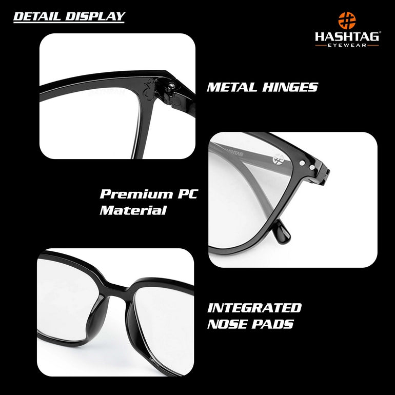 HASHTAG Blue Block Wayfarer Polycarbonate Black Eyeglasses for Men and Women-AB13-1962-Black