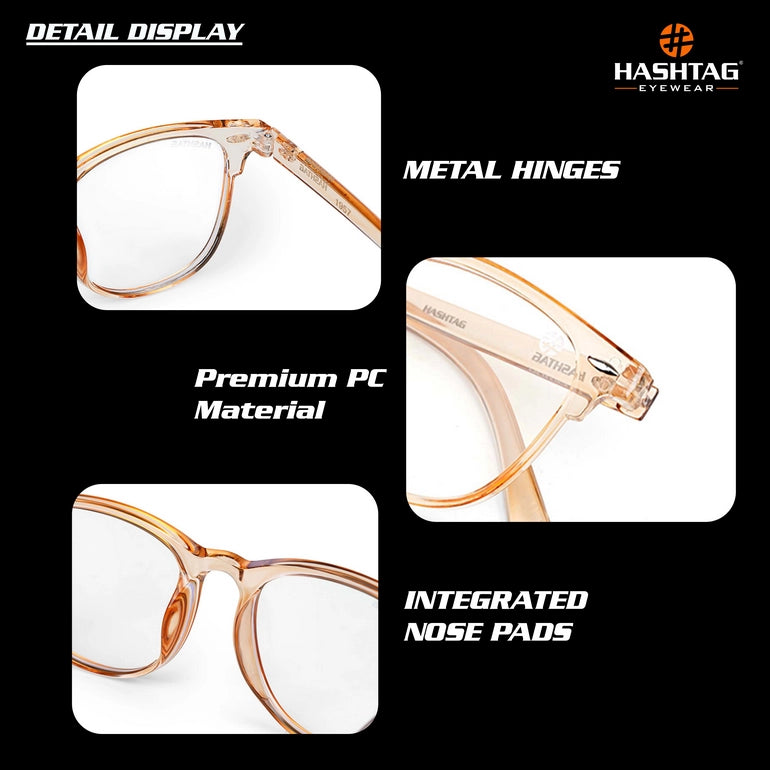 HASHTAG Blue Block Wayfarer Polycarbonate Transparent Eyeglasses for Men and Women -AB13-1957-Brown