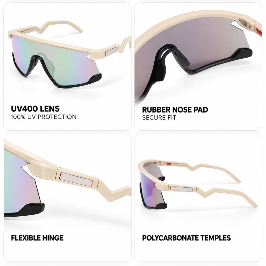 Eaga | Cream Large Half Rim Shield Sports Sunglasses for Men & Women [Mirrored]