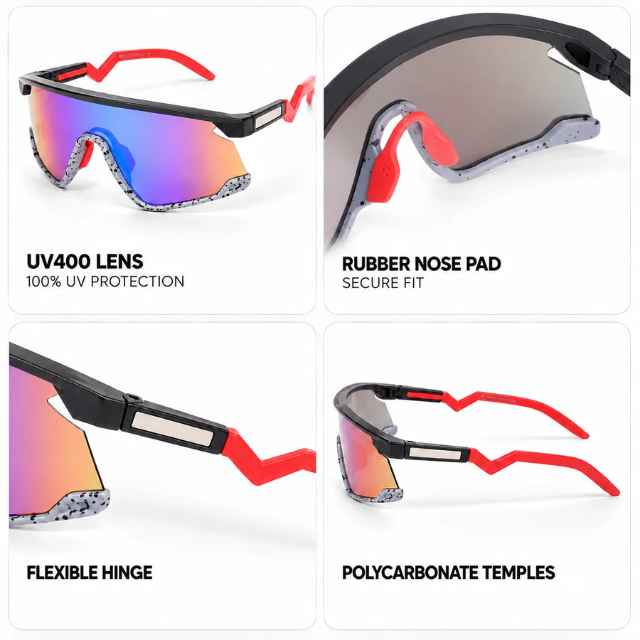 Eaga | Black-Grey Texture Large Half Rim Shield Sports Sunglasses for Men & Women [Mirrored]