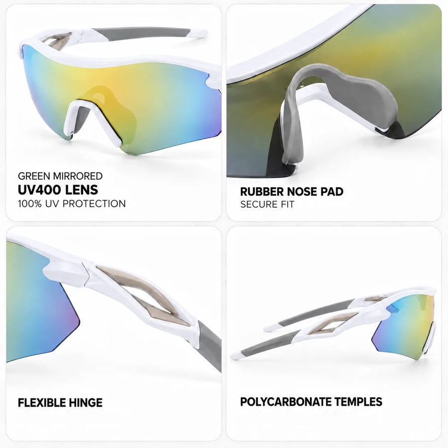 Falcon | White Large Half Rim Shield Sports Sunglasses for Men & Women [Mirrored]