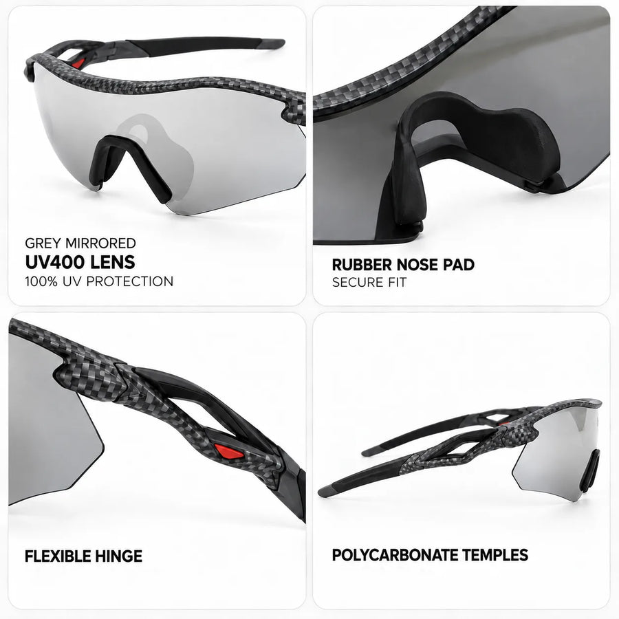 Falcon | Grey Texture Large Half Rim Shield Sports Sunglasses for Men & Women [Mirrored]