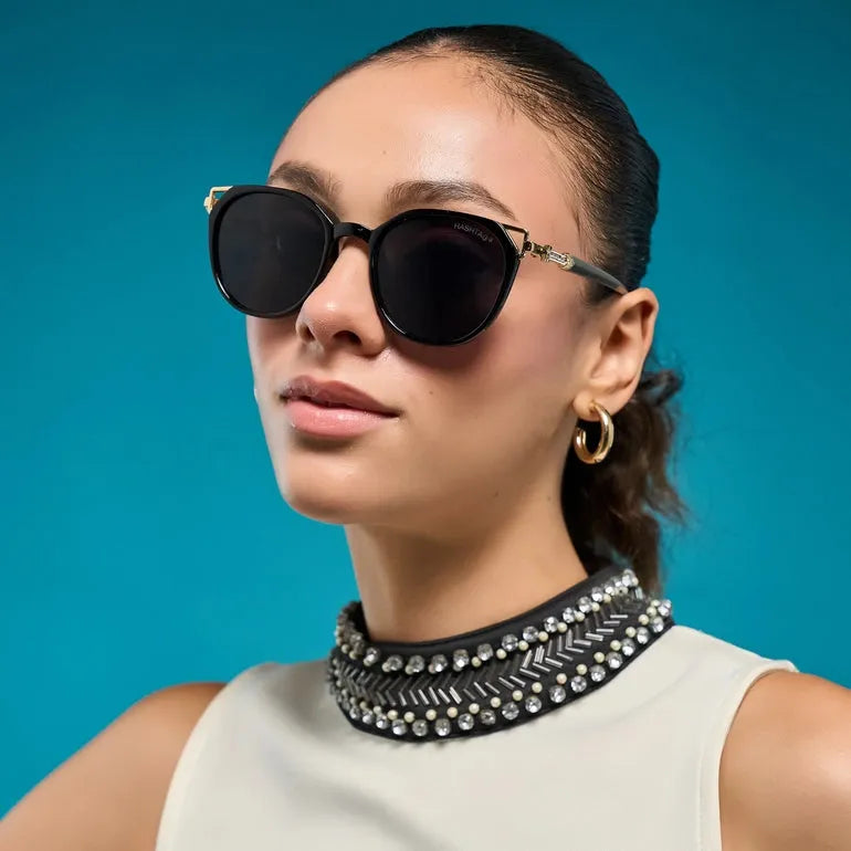 Vortex | Black Medium Full Rim Round Sunglasses for Women [UV-protected]