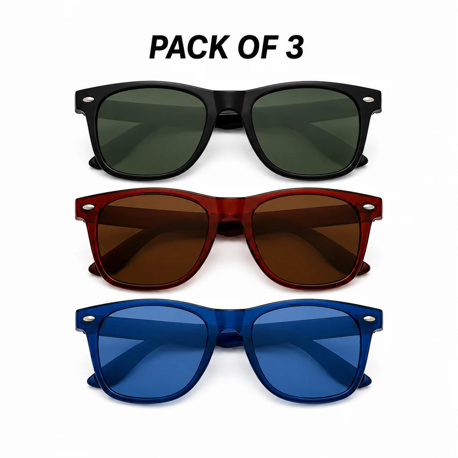 Classic Combo Pack of 3 | Blue,Brown,Black Medium Full Rim Wayfarer Sunglasses for Men [Polarized]