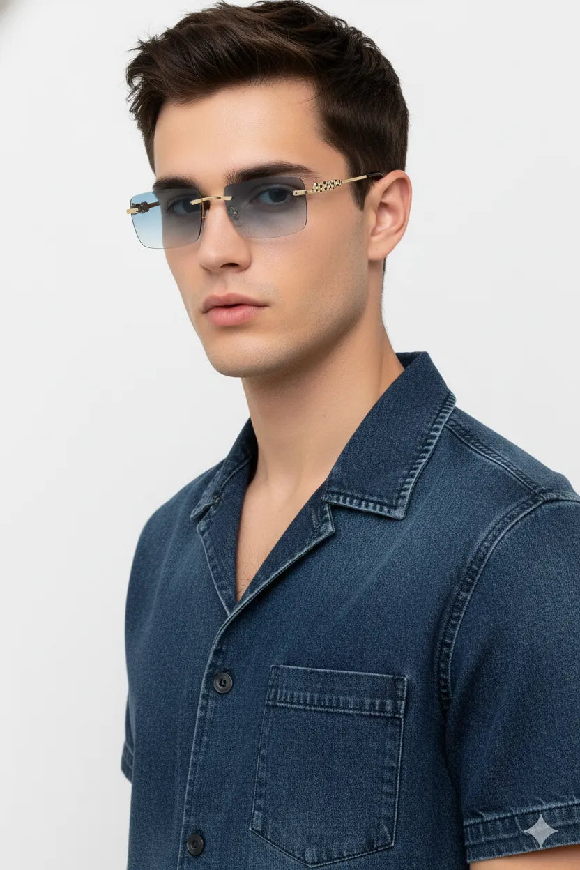 Clyra | Gradient Cyan Medium Rim Less RECTANGLE Sunglasses for Men [UV-protected]