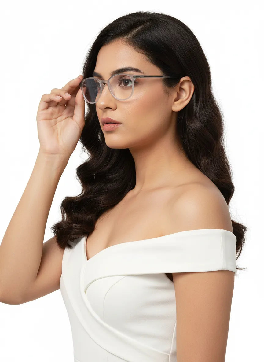 Idefend | Transparent Light Grey & White Medium Full Rim Round Computer Glasses for Men & Women [Blue Block]