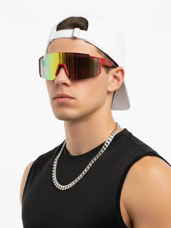 Strix | Red/ Black/ Texture Large Full Rim Shield Sports Glasses for Men & Women [UV-protected]