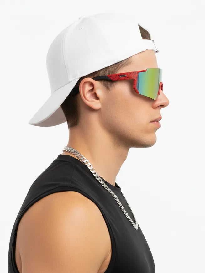 Strix | Red/ Black/ Texture Large Full Rim Shield Sports Glasses for Men & Women [UV-protected]