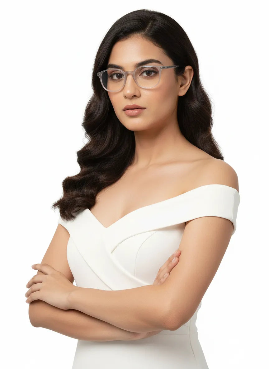 Idefend | Transparent Light Grey & White Medium Full Rim Round Computer Glasses for Men & Women [Blue Block]