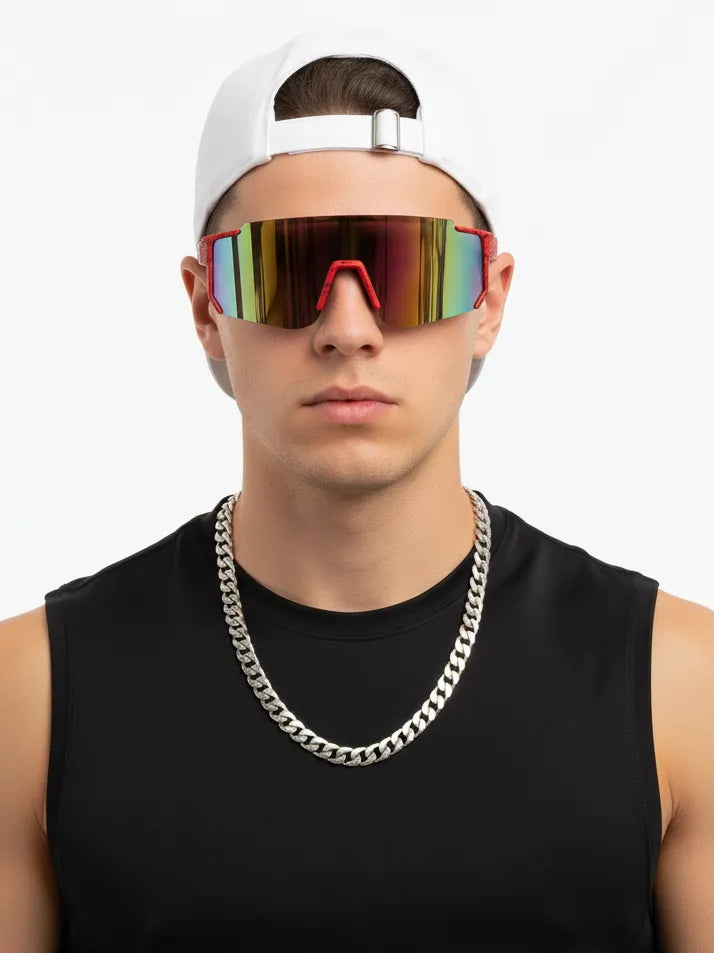 Strix | Red/ Black/ Texture Large Full Rim Shield Sports Glasses for Men & Women [UV-protected]