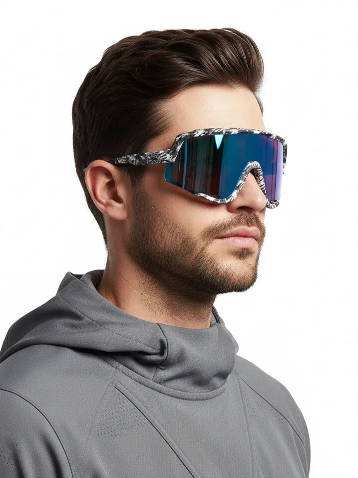 Nexis | Black/White/Texture Large Full Rim Shield Sports Glasses for Men & Women [UV-protected]