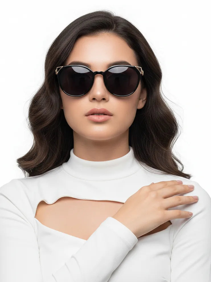 Vortex | Black Medium Full Rim Round Sunglasses for Women [UV-protected]