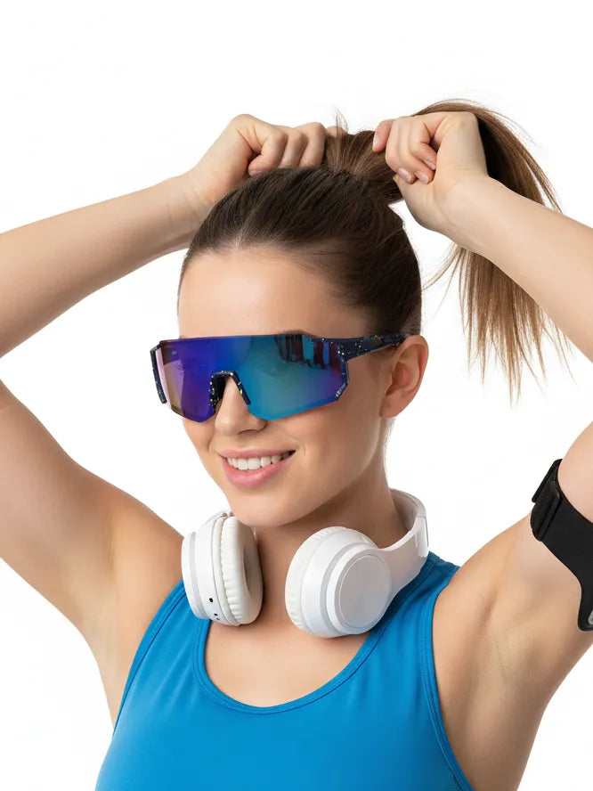 Strix | Blue/Green/Texture Large Full Rim Shield Sports Glasses for Men & Women [UV-protected]