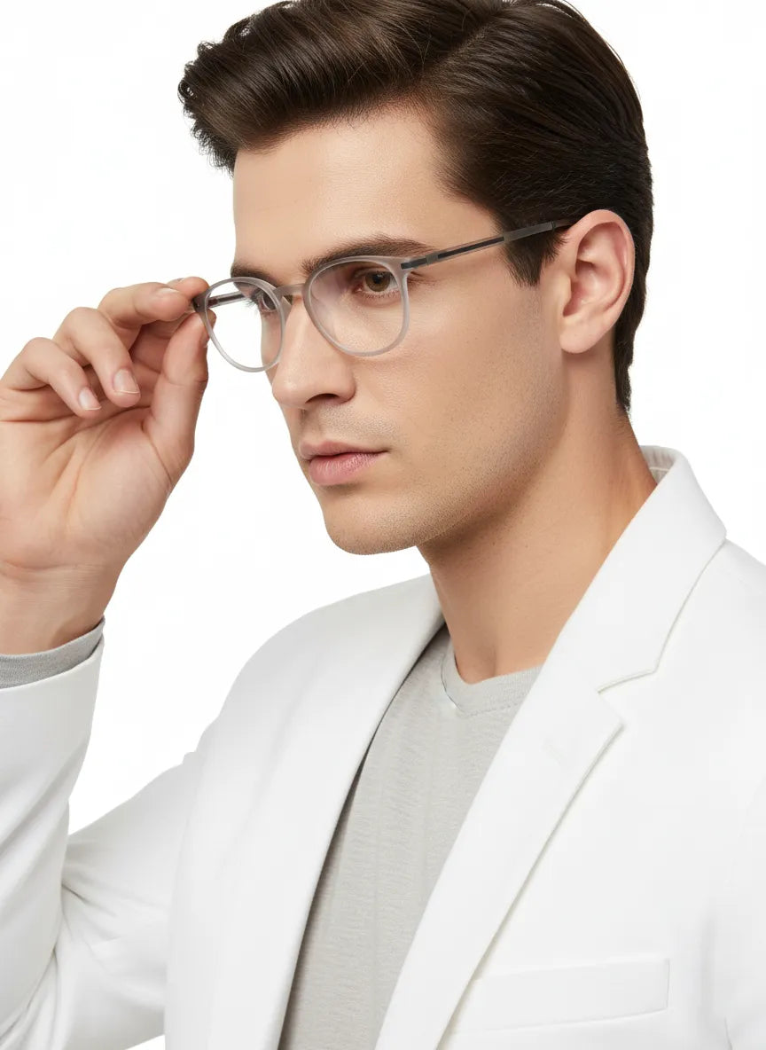 Idefend | Transparent Light Grey & White Medium Full Rim Round Computer Glasses for Men & Women [Blue Block]