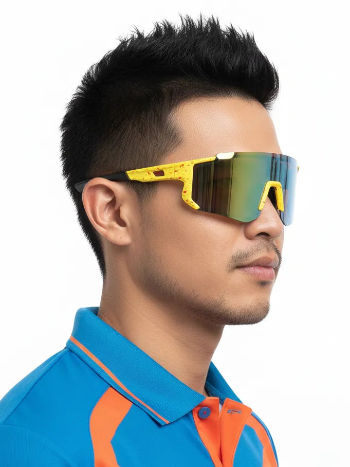 Strix | Yellow/Red/Texture Large Full Rim Shield Sports Glasses for Men & Women [UV-protected]