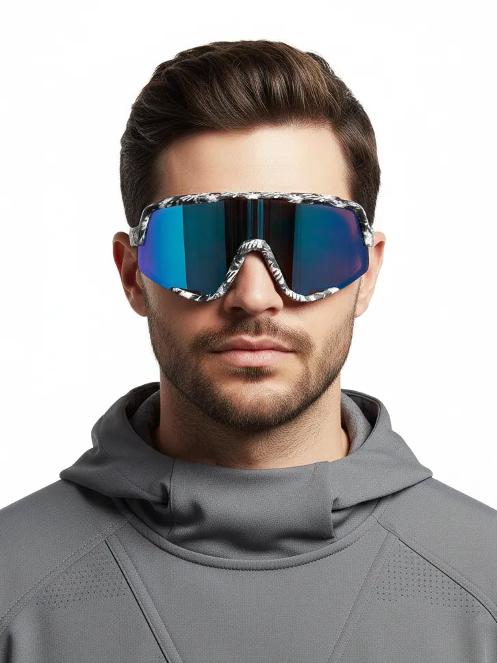 Nexis | Black/White/Texture Large Full Rim Shield Sports Glasses for Men & Women [UV-protected]