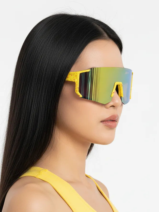 Strix | Yellow/Red/Texture Large Full Rim Shield Sports Glasses for Men & Women [UV-protected]