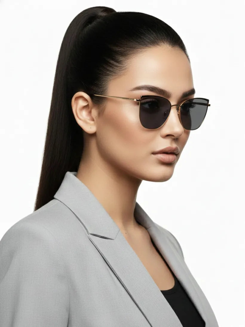 Swit | Black, Transparent & Golden Large Full Rim Cateye Sunglasses for Women [Photochromic]