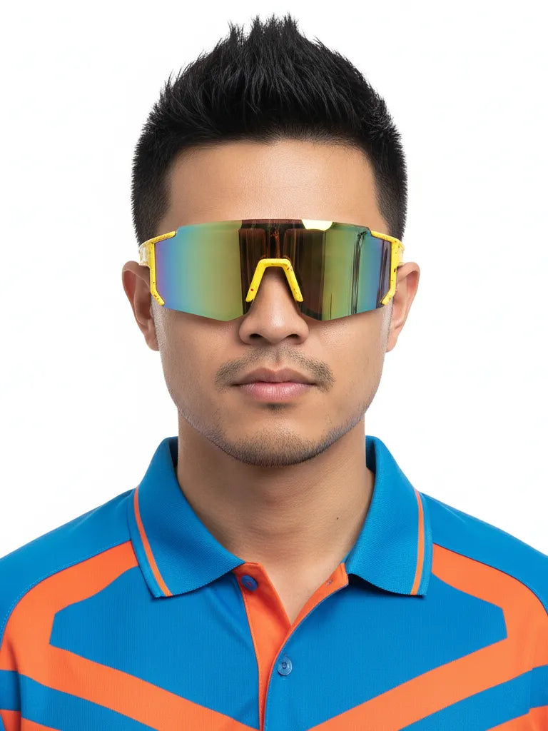 Strix | Yellow/Red/Texture Large Full Rim Shield Sports Glasses for Men & Women [UV-protected]