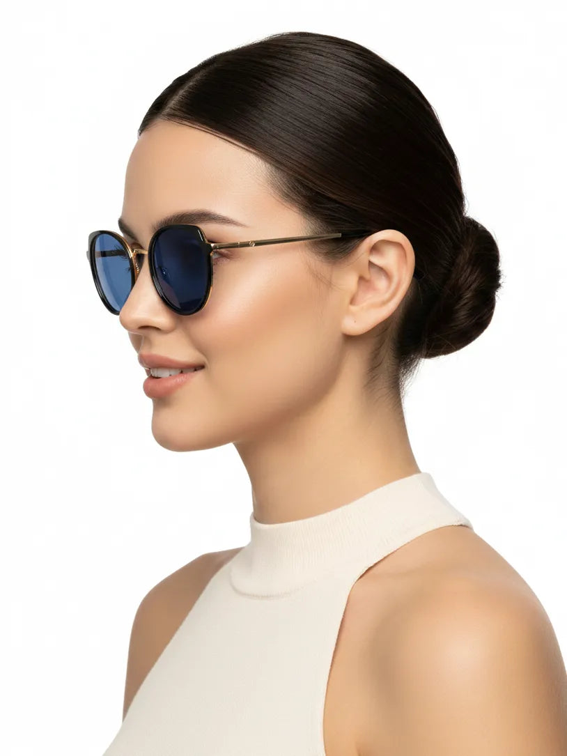 Photogrey | Black & Golden Medium Full Rim Round Sunglasses for Men & Women [Photochromic]