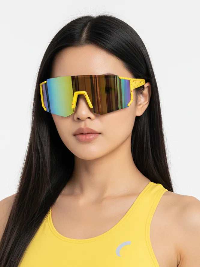 Strix | Yellow/Red/Texture Large Full Rim Shield Sports Glasses for Men & Women [UV-protected]