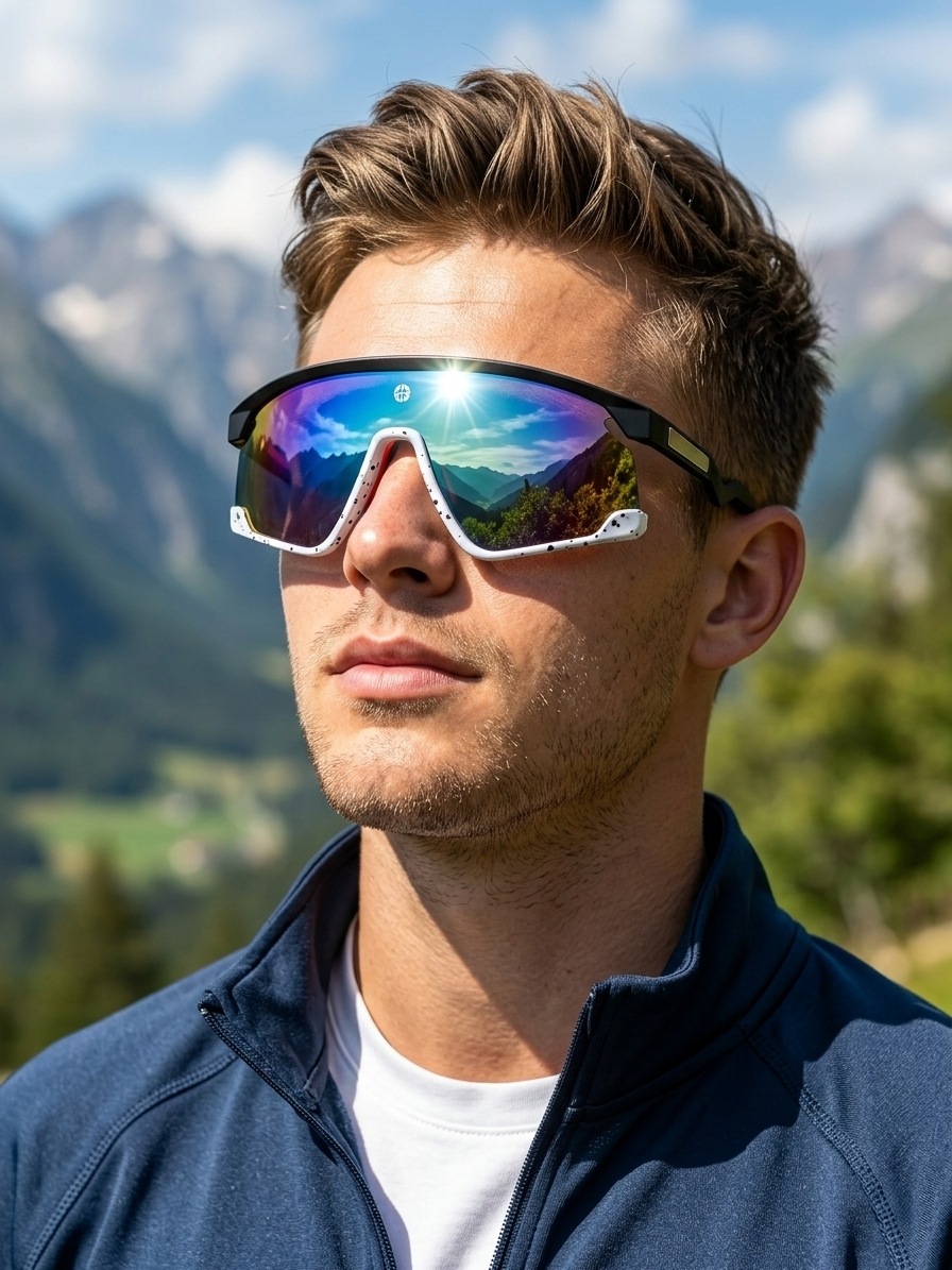 Eaga | Black-Grey Texture Large Half Rim Shield Sports Sunglasses for Men & Women [Mirrored]