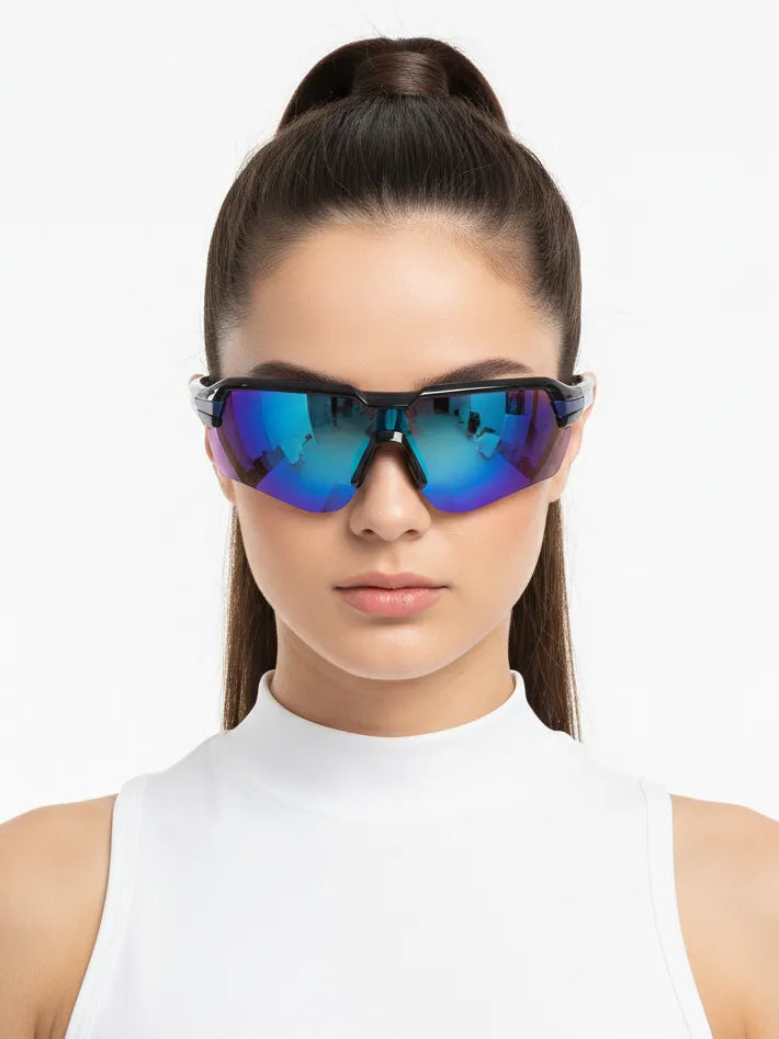 Lumina | Black/Blue Large Half Rim Shield Sports for Men & Women [UV-protected]