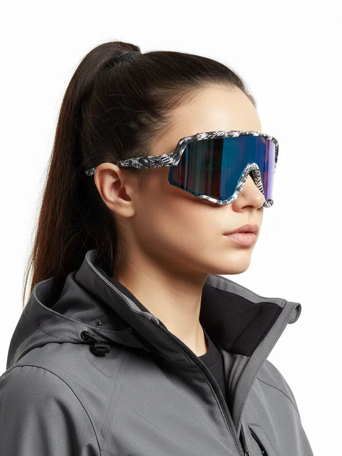 Nexis | Black/White/Texture Large Full Rim Shield Sports Glasses for Men & Women [UV-protected]